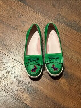 Tory Burch Green Leather Loafers with Embroidered Rabbits